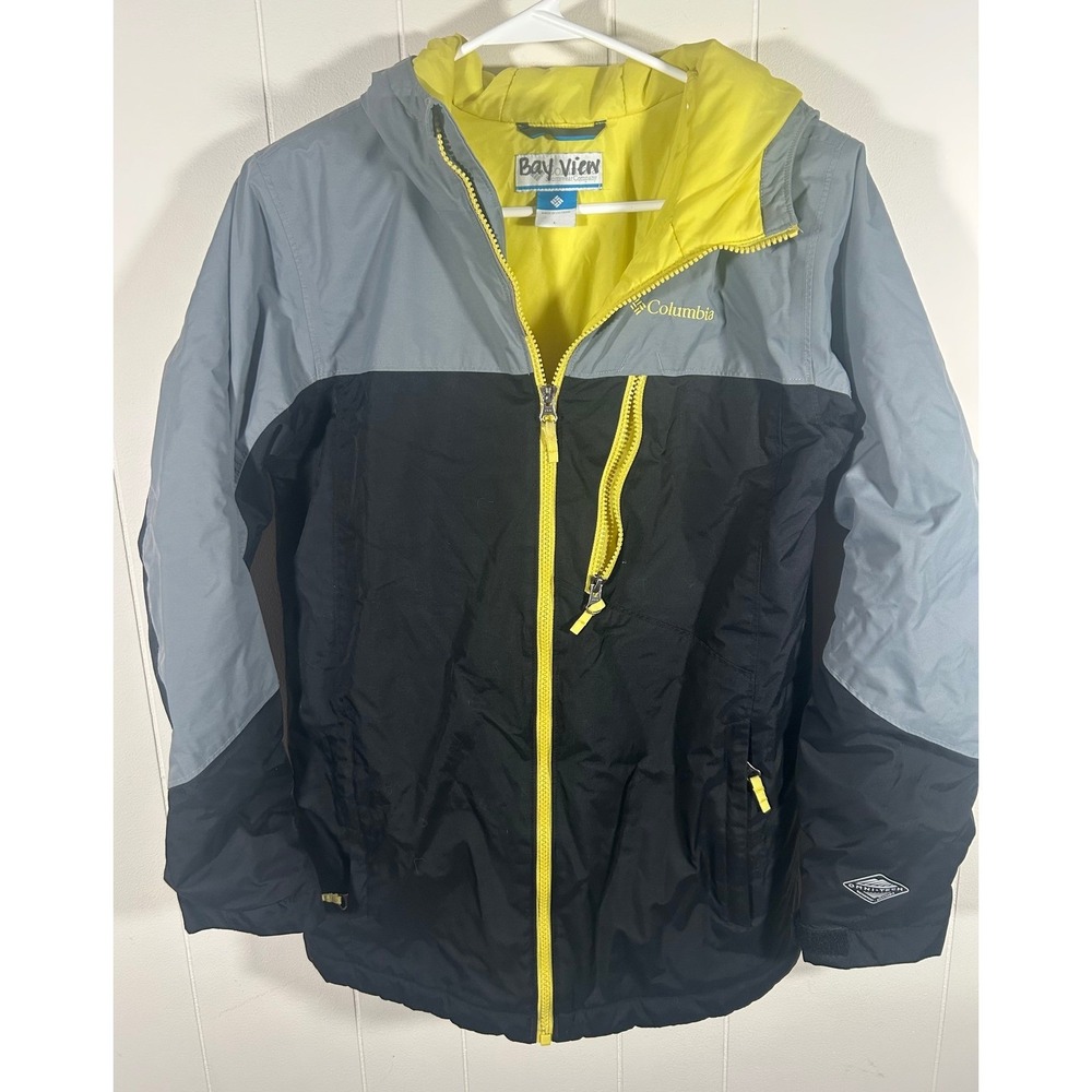 Columbia Omni-Tech Waterproof Jacket Mens Large Black Grey Yellow Hooded Shell